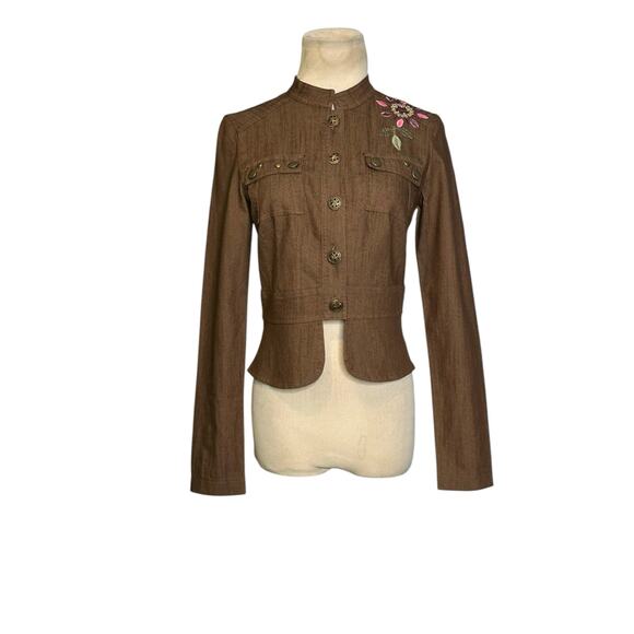 CELL brown floral embroidered denim jacket size S - Picture 15 of 16